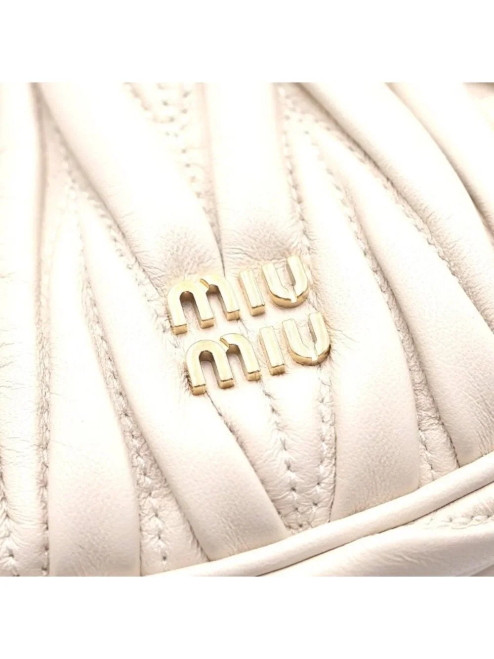 Miu Miu Matelasse Drawstring Pouch Mini Handbag White Leather Gold